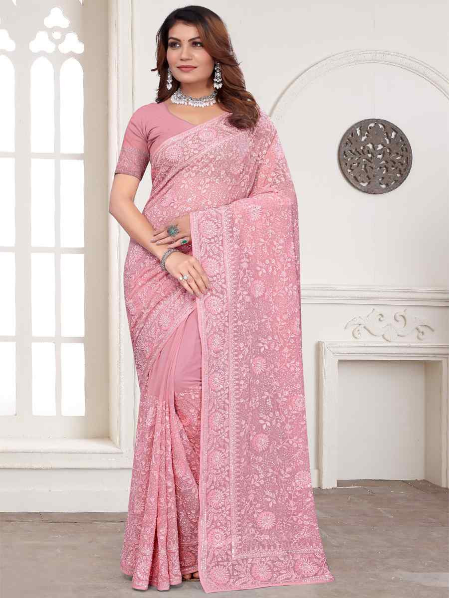 Pink Georgette Embroidered Festival Wedding Fancy Heavy Border Saree