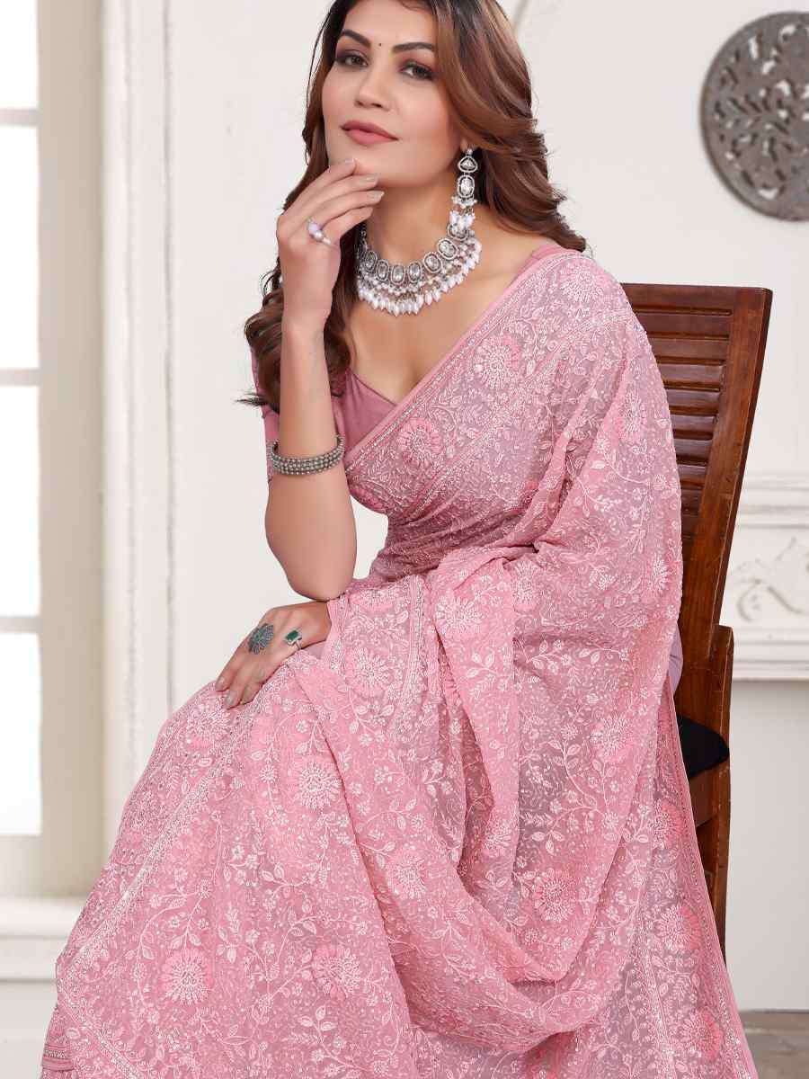 Pink Georgette Embroidered Festival Wedding Fancy Heavy Border Saree