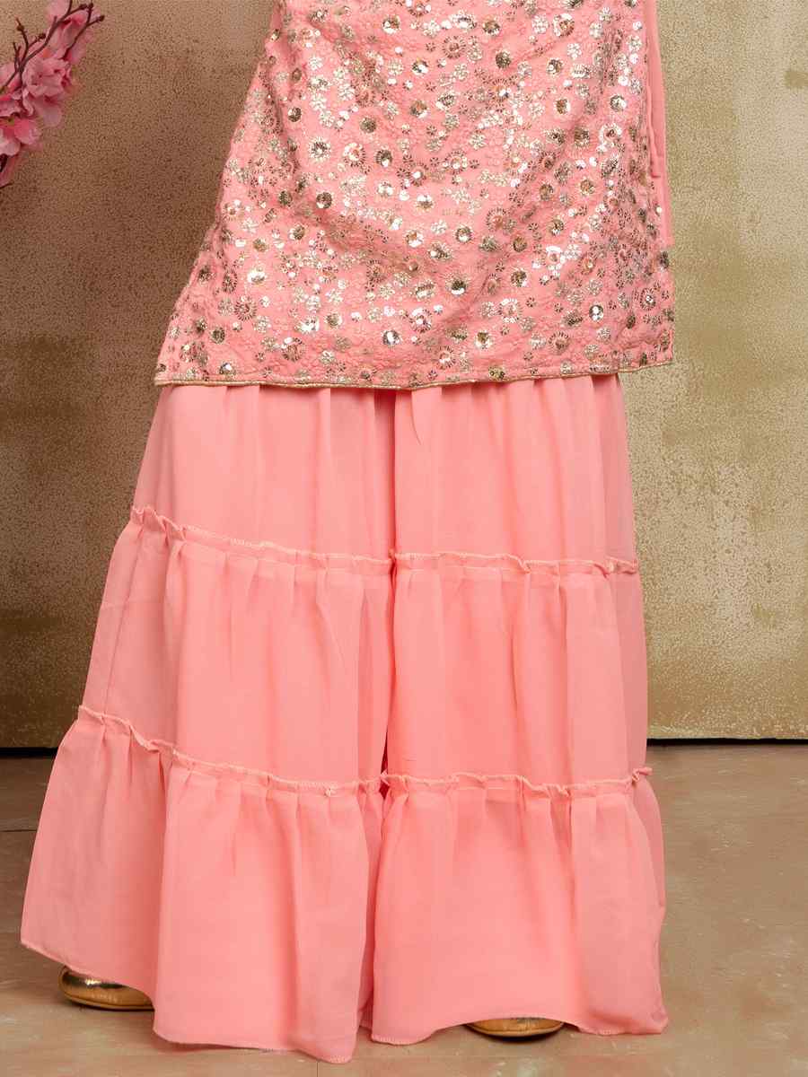 Pink Georgette Embroidered Festival Wedding Kurta Sharara Girls Wear
