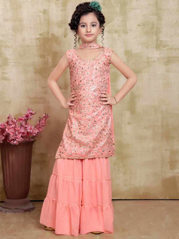Pink Georgette Embroidered Festival Wedding Kurta Sharara Girls Wear