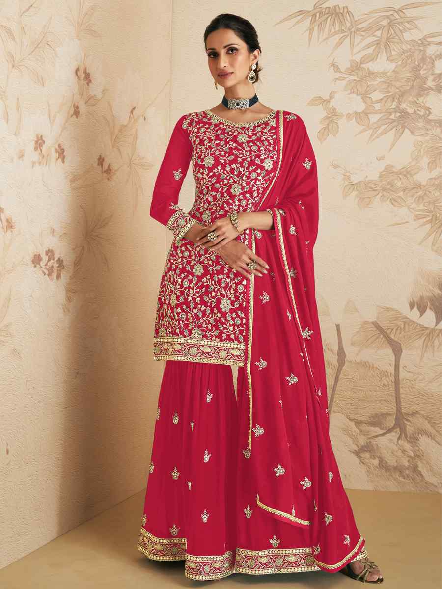 Pink Georgette Embroidered Festival Wedding Palazzo Pant Salwar Kameez