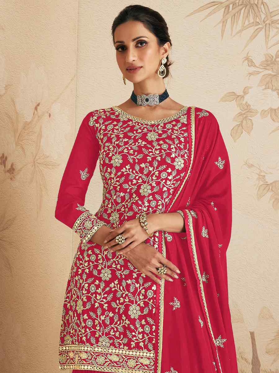 Pink Georgette Embroidered Festival Wedding Palazzo Pant Salwar Kameez