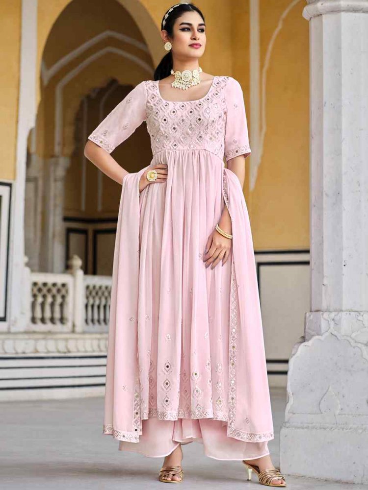 Pink Georgette Embroidered Festival Wedding Palazzo Pant Salwar Kameez