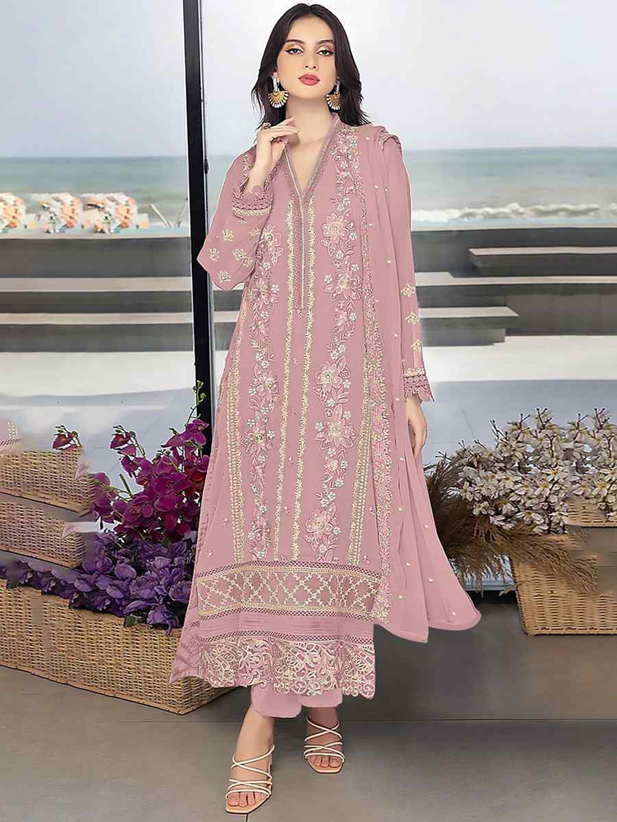 Pink Georgette Embroidered Festival Wedding Pant Salwar Kameez