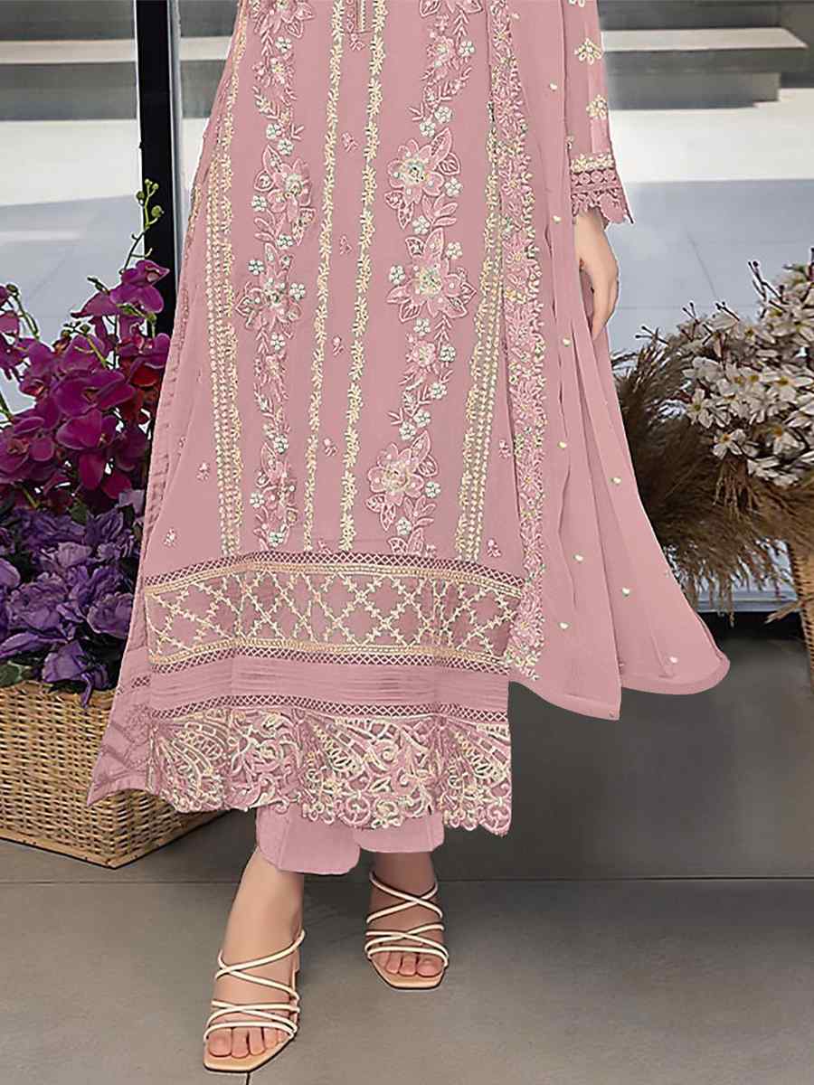 Pink Georgette Embroidered Festival Wedding Pant Salwar Kameez