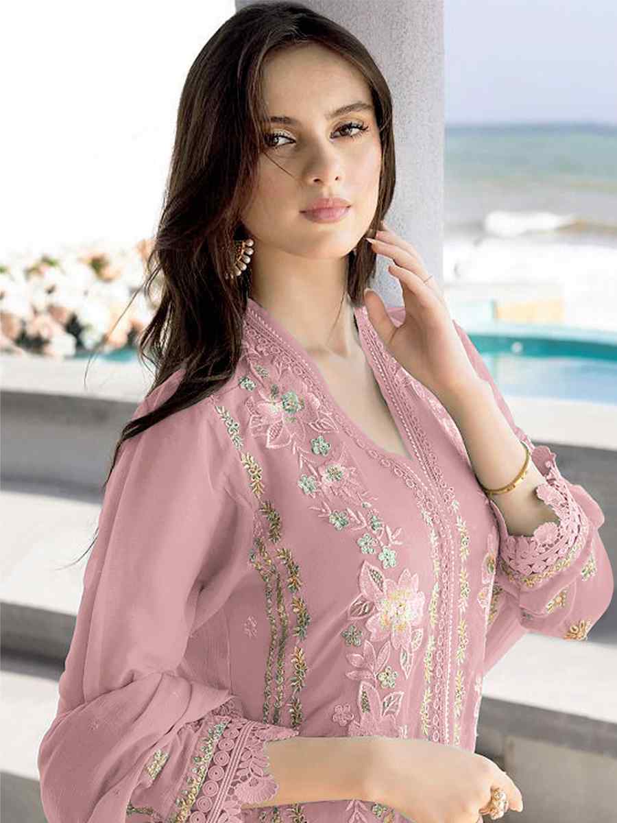 Pink Georgette Embroidered Festival Wedding Pant Salwar Kameez