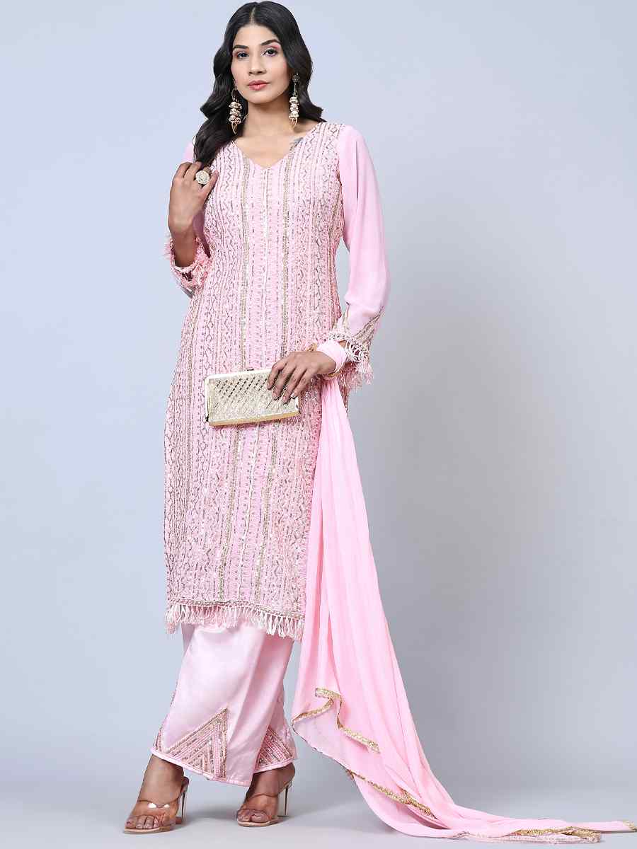 Pink Georgette Embroidered Festival Wedding Pant Salwar Kameez