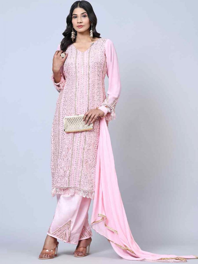 Pink Georgette Embroidered Festival Wedding Pant Salwar Kameez
