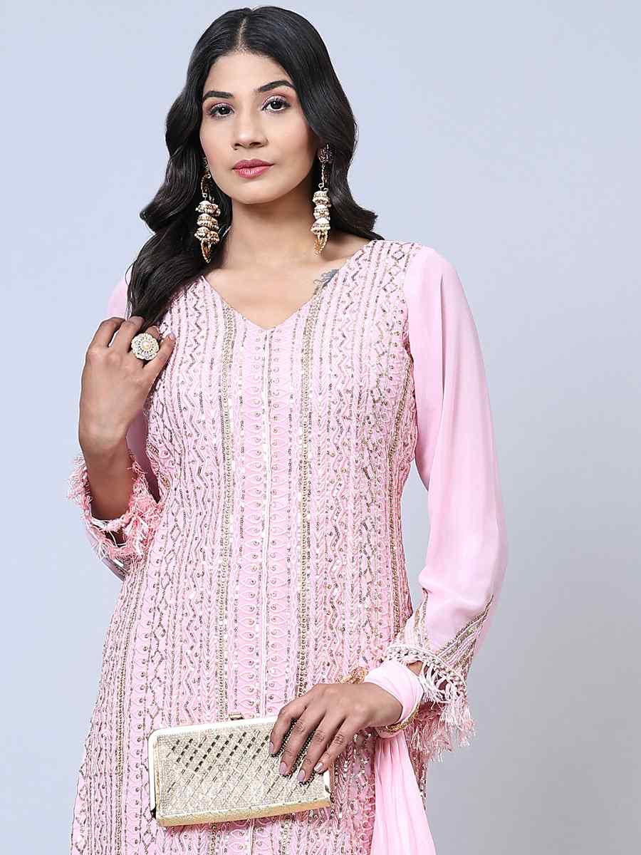 Pink Georgette Embroidered Festival Wedding Pant Salwar Kameez