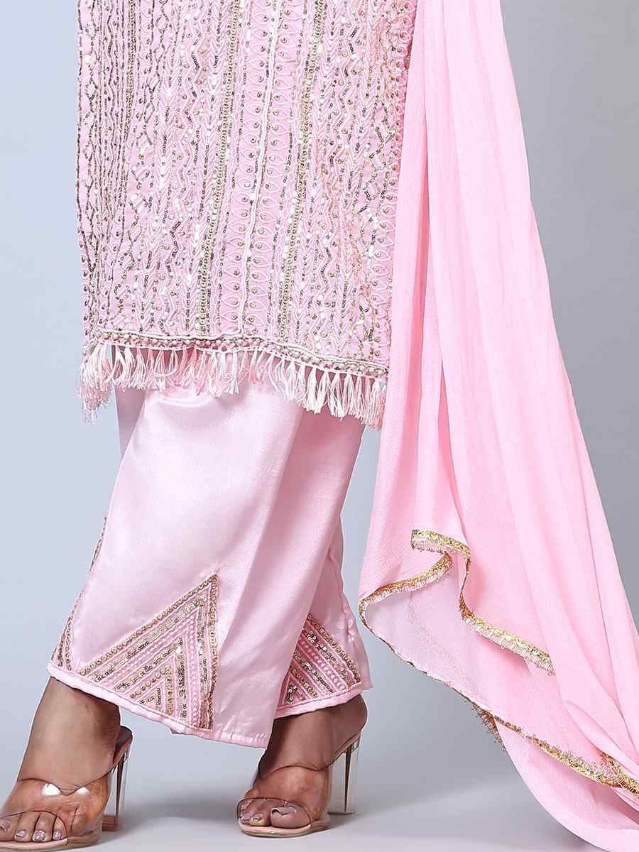 Pink Georgette Embroidered Festival Wedding Pant Salwar Kameez
