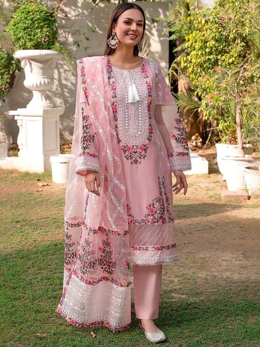 Pink Georgette Embroidered Festival Wedding Pant Salwar Kameez