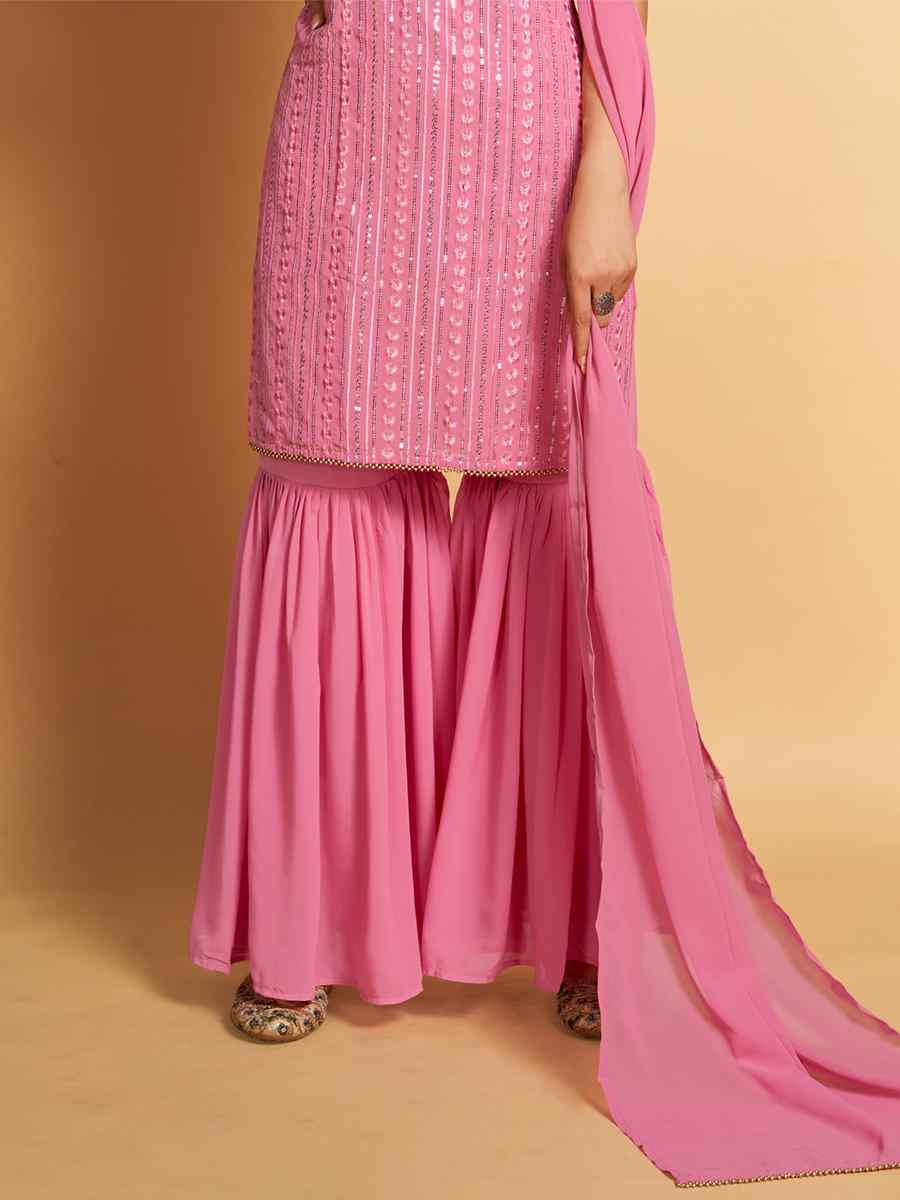 Pink Georgette Embroidered Festival Wedding Ready Sharara Pant Salwar Kameez