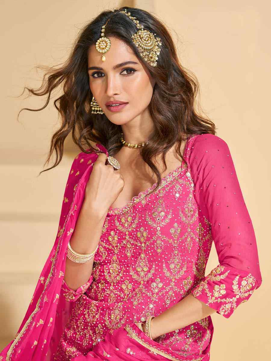 Pink Georgette Embroidered Festival Wedding Ready Skirt Salwar Kameez