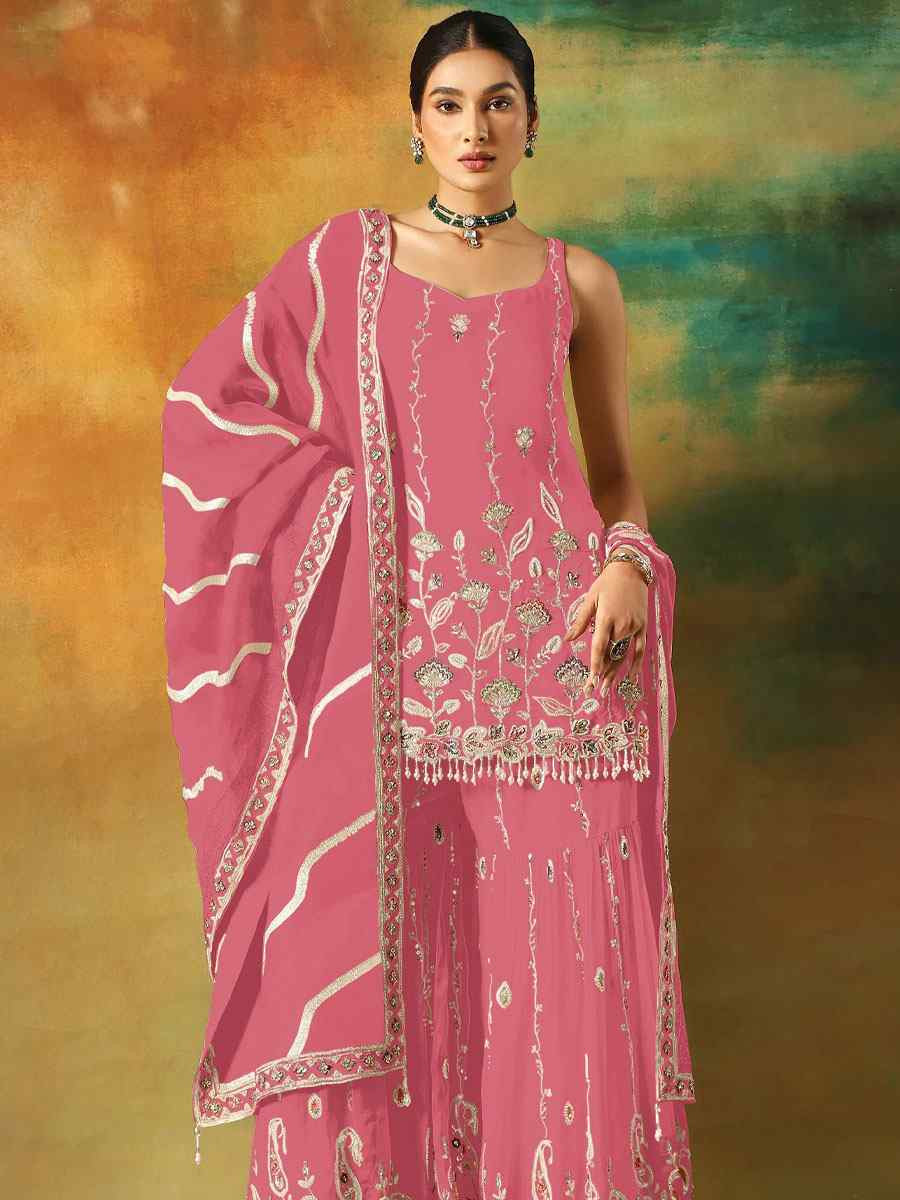 Pink Georgette Embroidered Festival Wedding Sharara Pant Salwar Kameez