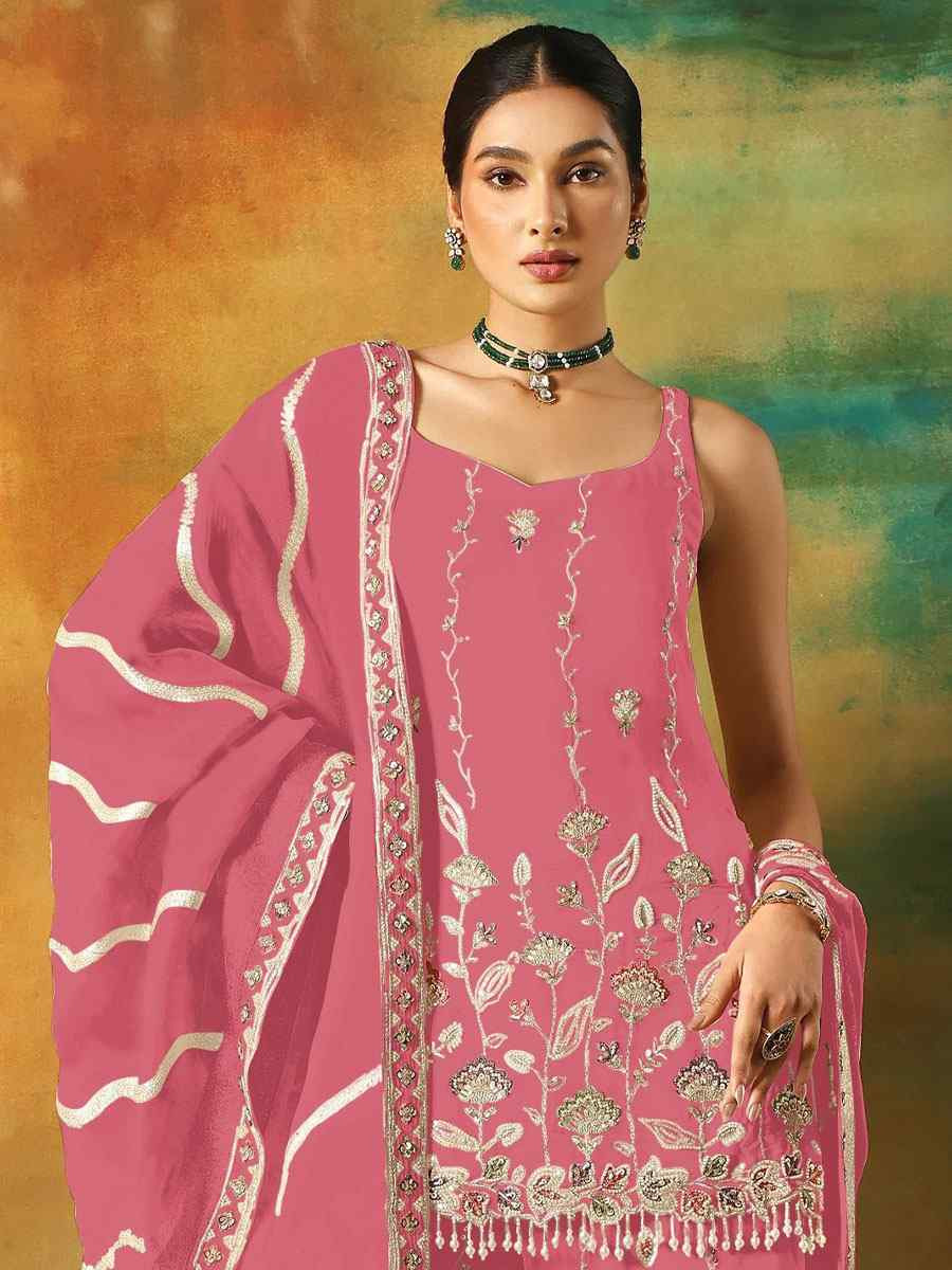 Pink Georgette Embroidered Festival Wedding Sharara Pant Salwar Kameez