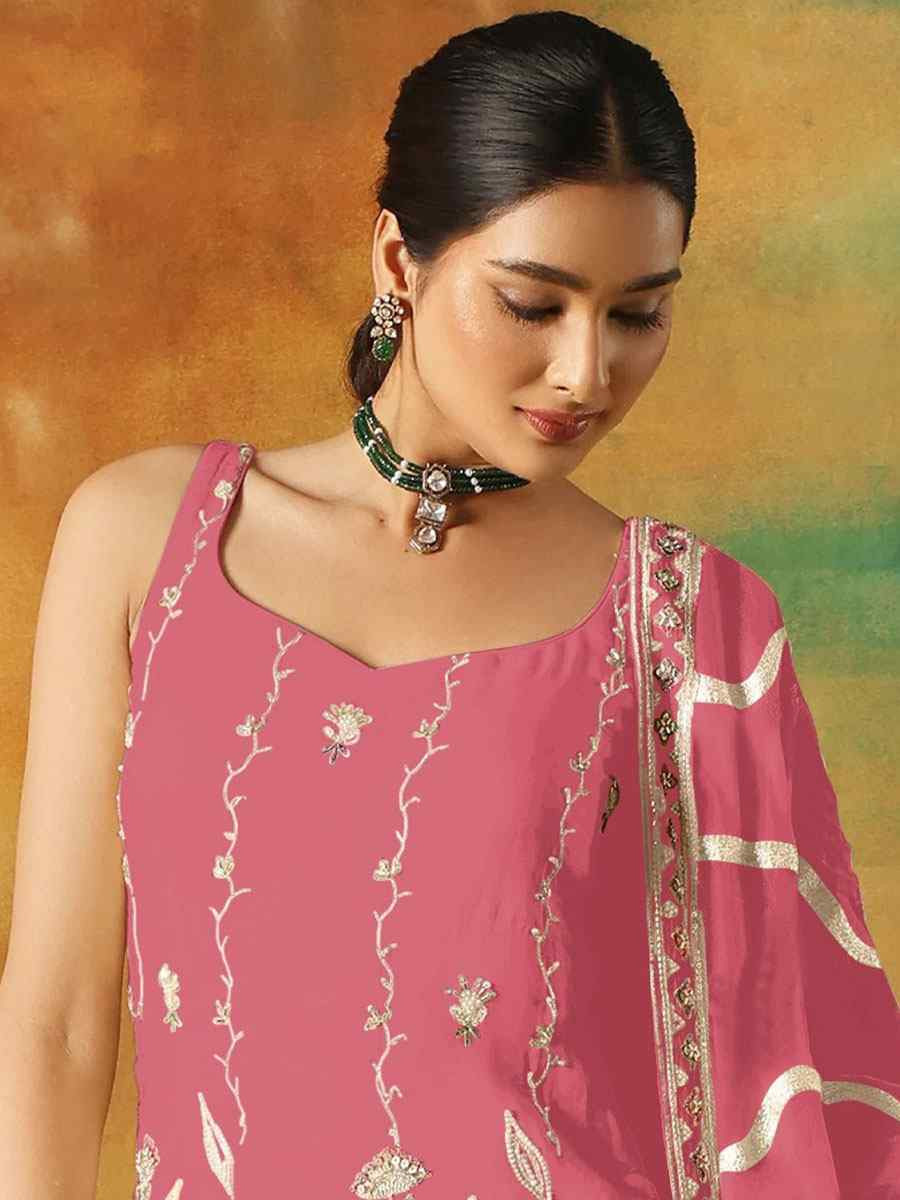 Pink Georgette Embroidered Festival Wedding Sharara Pant Salwar Kameez