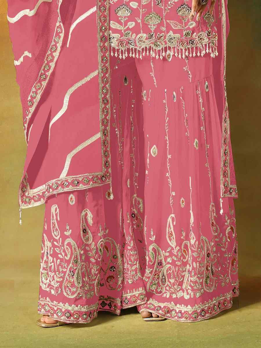 Pink Georgette Embroidered Festival Wedding Sharara Pant Salwar Kameez