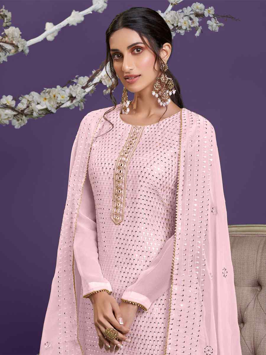 Pink Georgette Embroidered Festival Wedding Sharara Pant Salwar Kameez