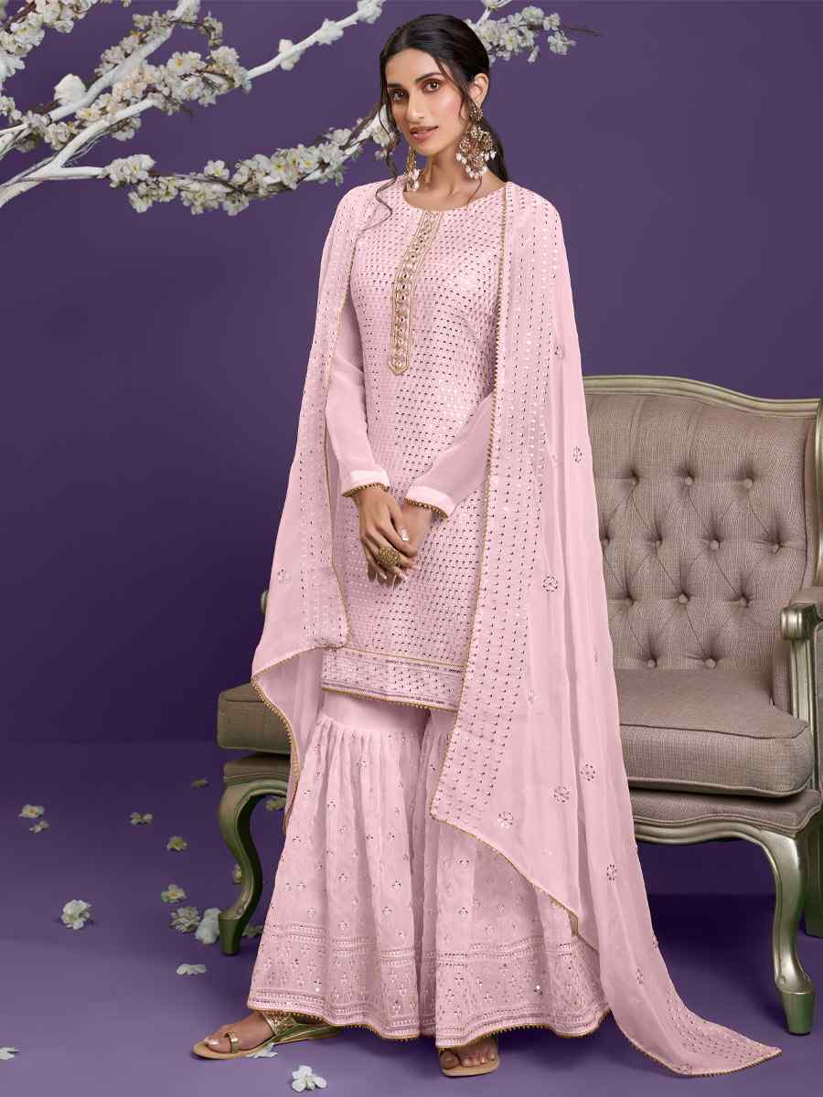 Pink Georgette Embroidered Festival Wedding Sharara Pant Salwar Kameez