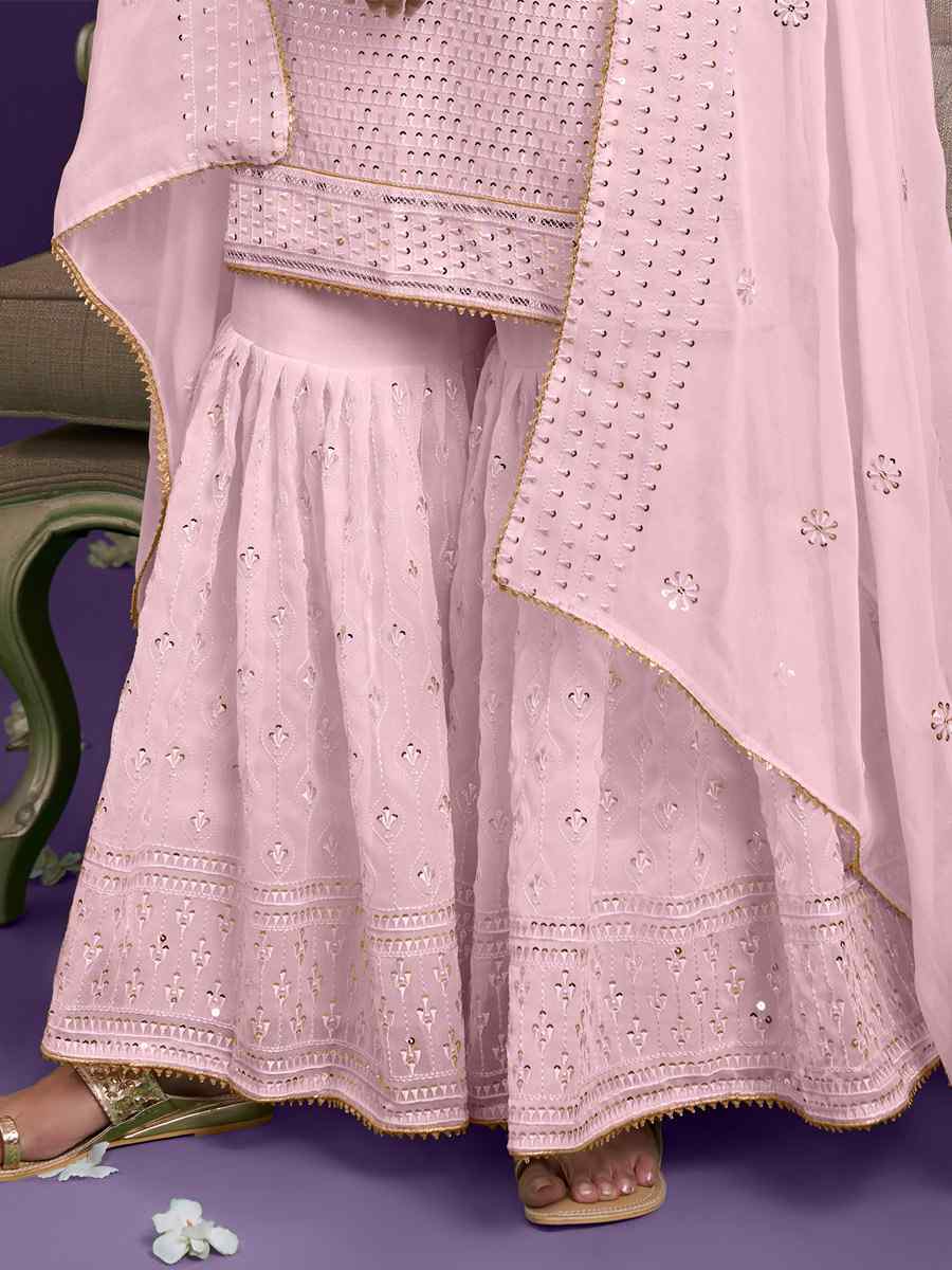 Pink Georgette Embroidered Festival Wedding Sharara Pant Salwar Kameez