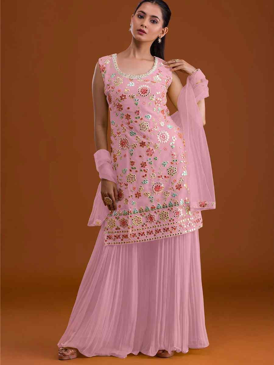 Pink Georgette Embroidered Festival Wedding Sharara Pant Salwar Kameez