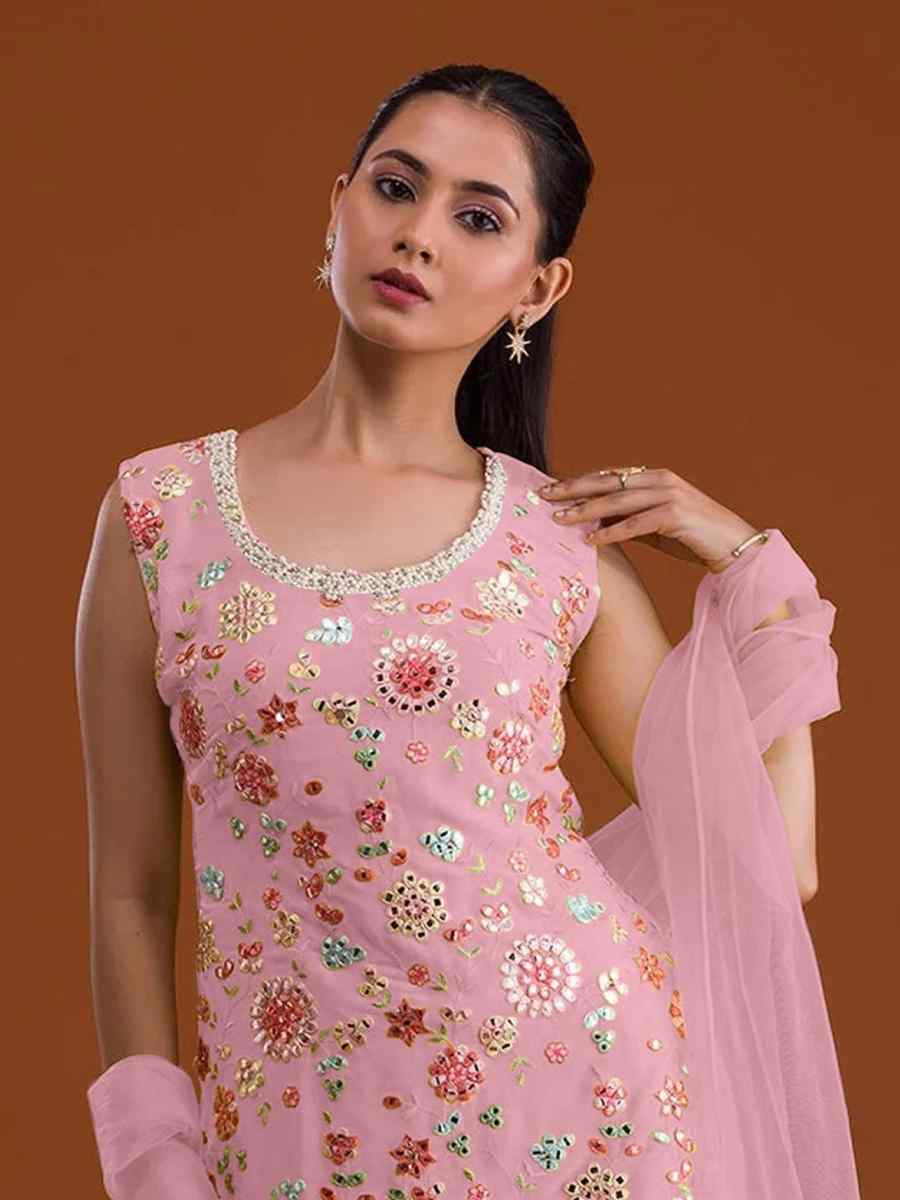 Pink Georgette Embroidered Festival Wedding Sharara Pant Salwar Kameez