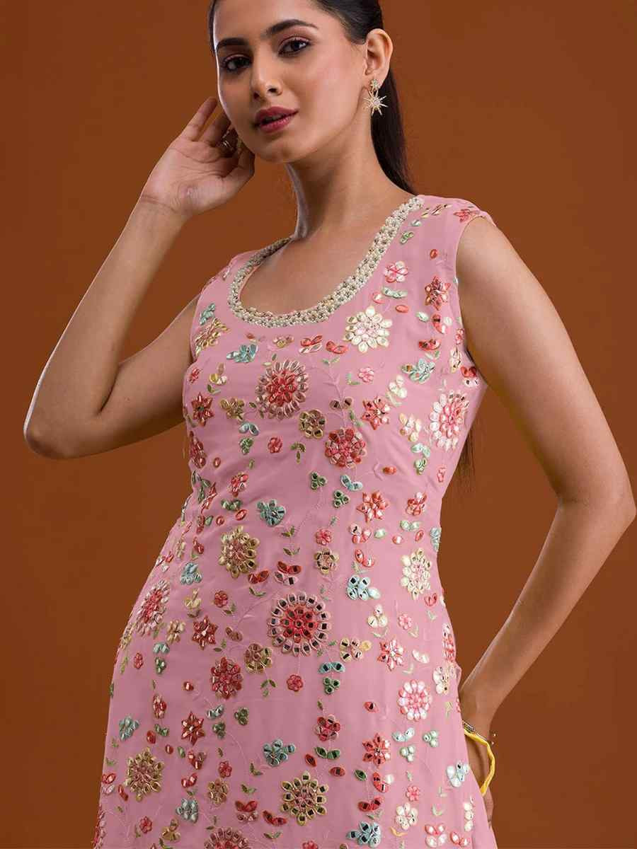 Pink Georgette Embroidered Festival Wedding Sharara Pant Salwar Kameez