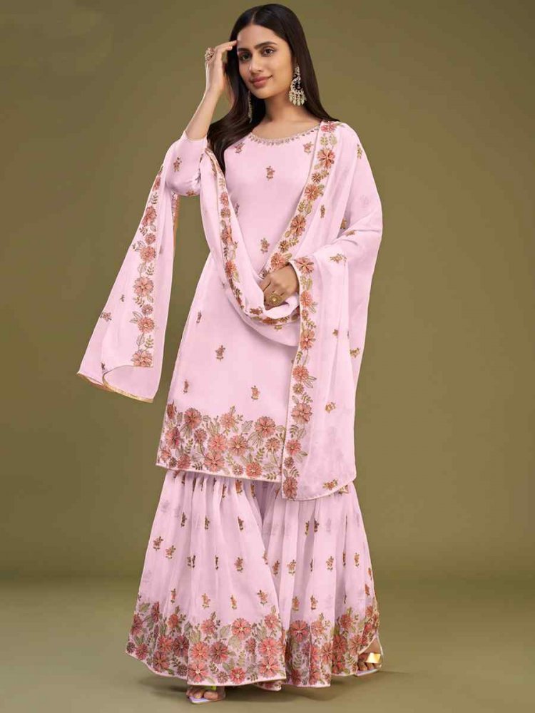 Pink Georgette Embroidered Festival Wedding Sharara Pant Salwar Kameez