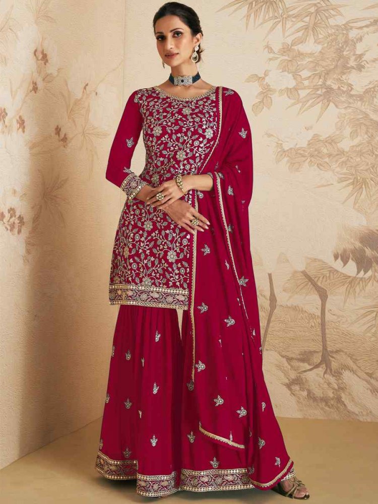 Pink Georgette Embroidered Festival Wedding Sharara Pant Salwar Kameez