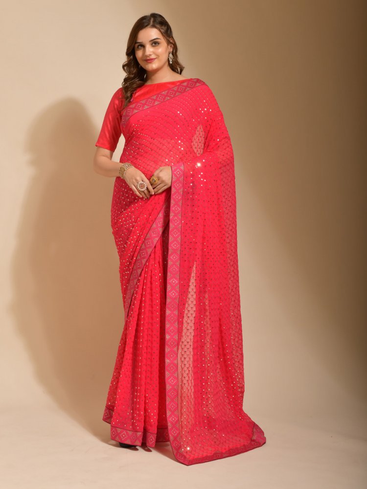 Pink Georgette Embroidered Party Festival Classic Style Saree