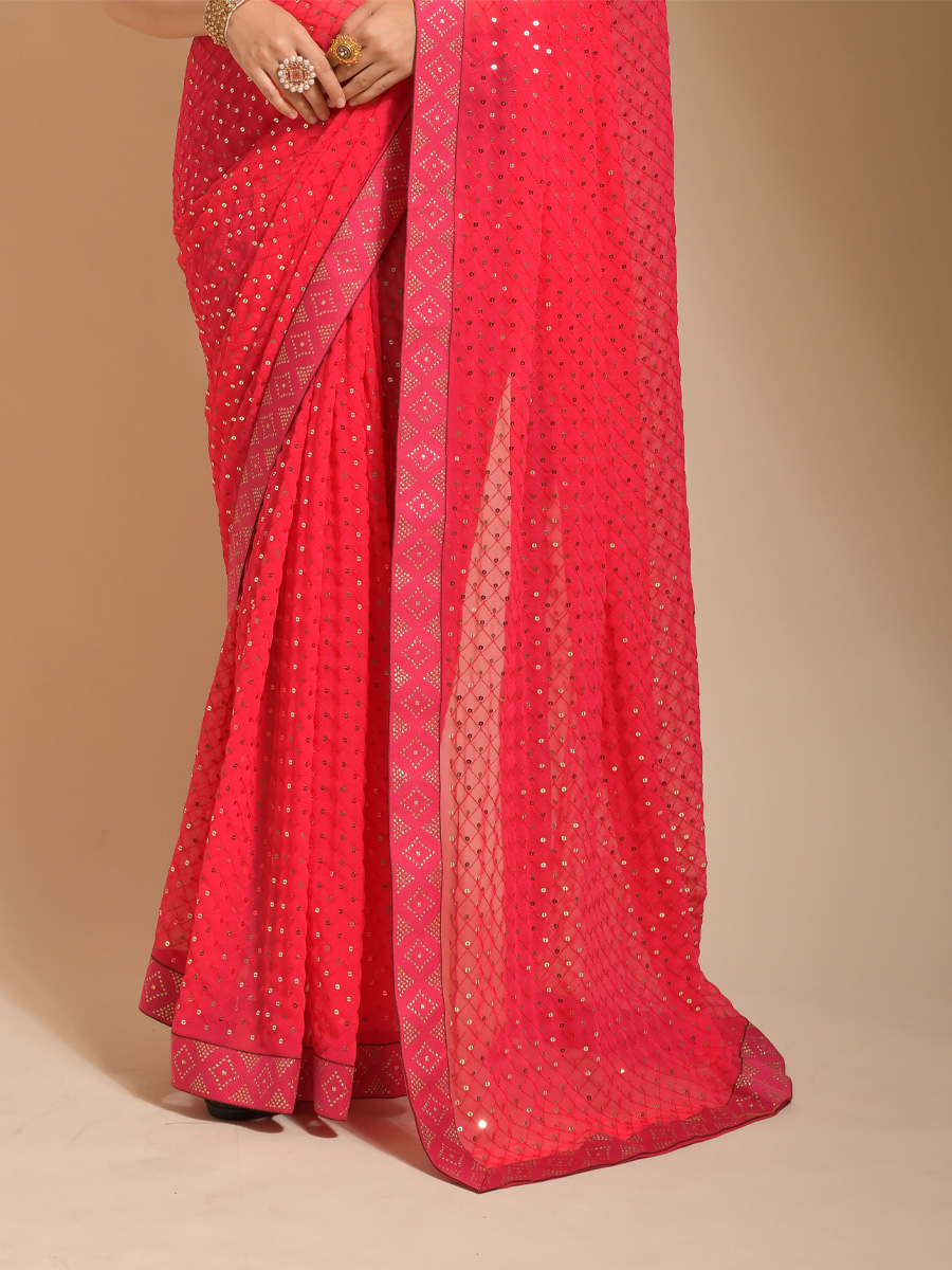 Pink Georgette Embroidered Party Festival Classic Style Saree