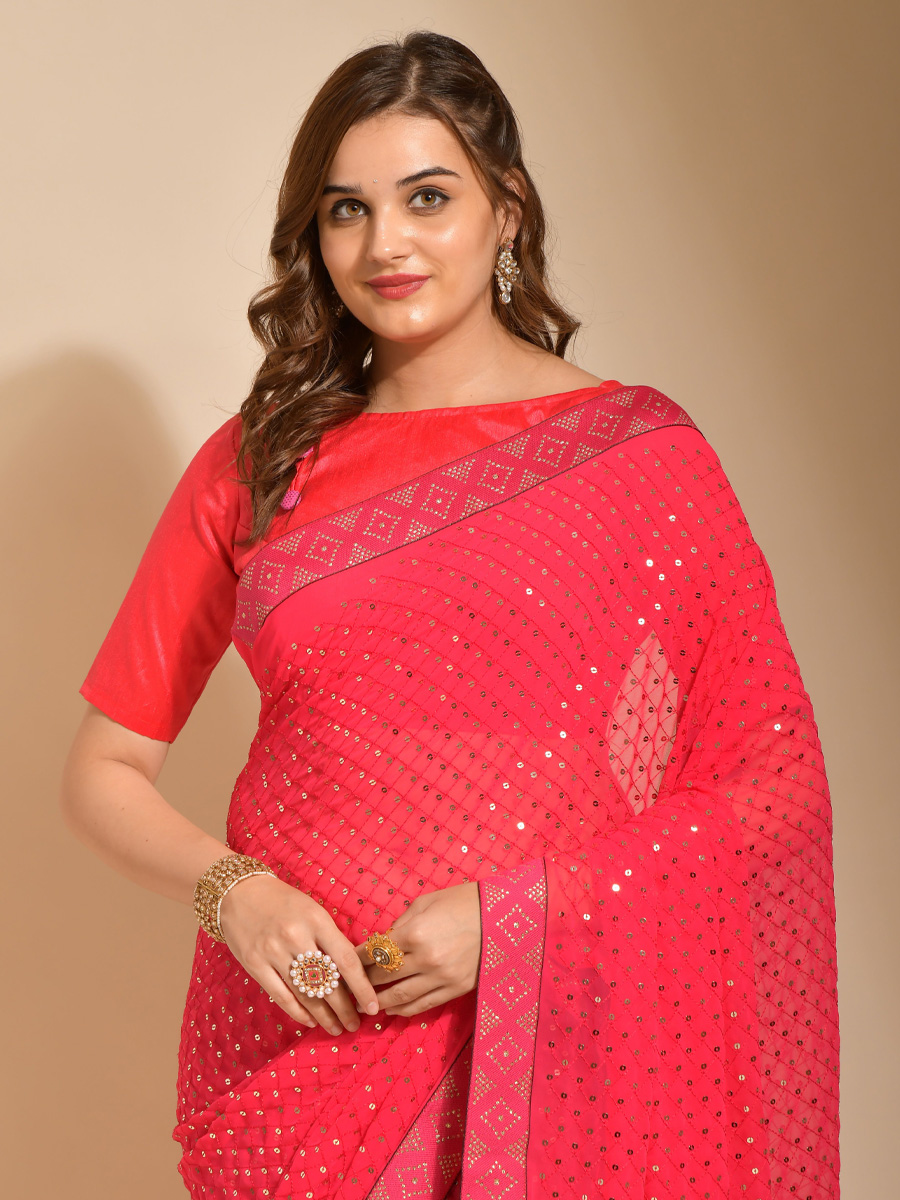 Pink Georgette Embroidered Party Festival Classic Style Saree