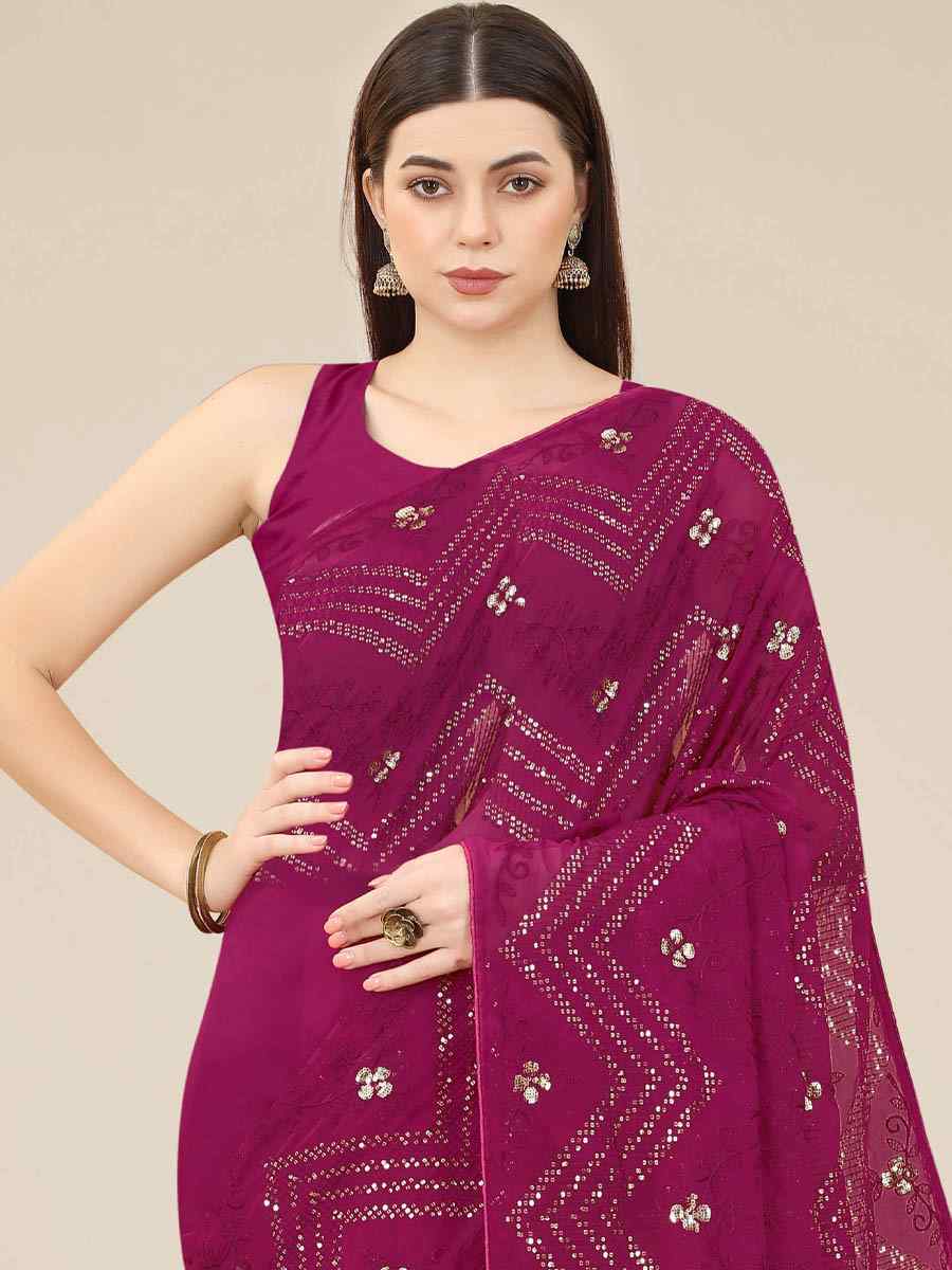 Pink Georgette Embroidered Party Festival Heavy Border Saree