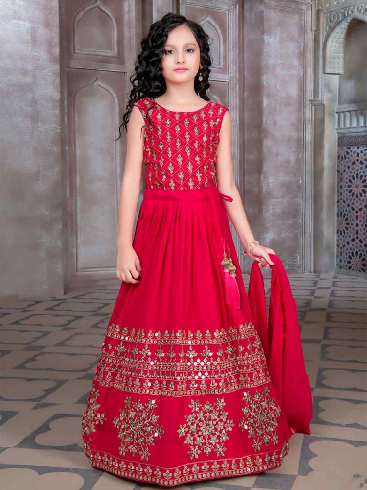 Pink Georgette Embroidered Party Festival Lehengas Girls Wear