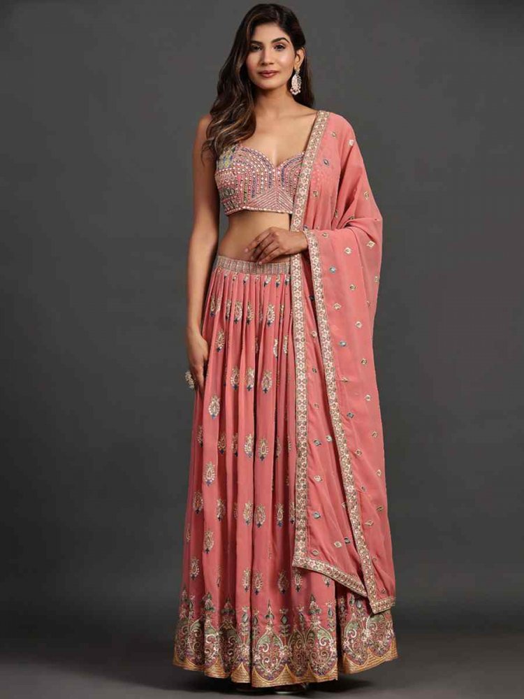 Pink Georgette Embroidered Reception Ready Heavy Border Lehenga Choli
