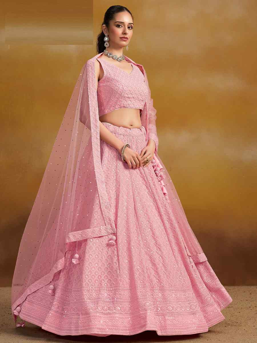 Pink Georgette Embroidered Reception Wedding Heavy Border Lehenga Choli