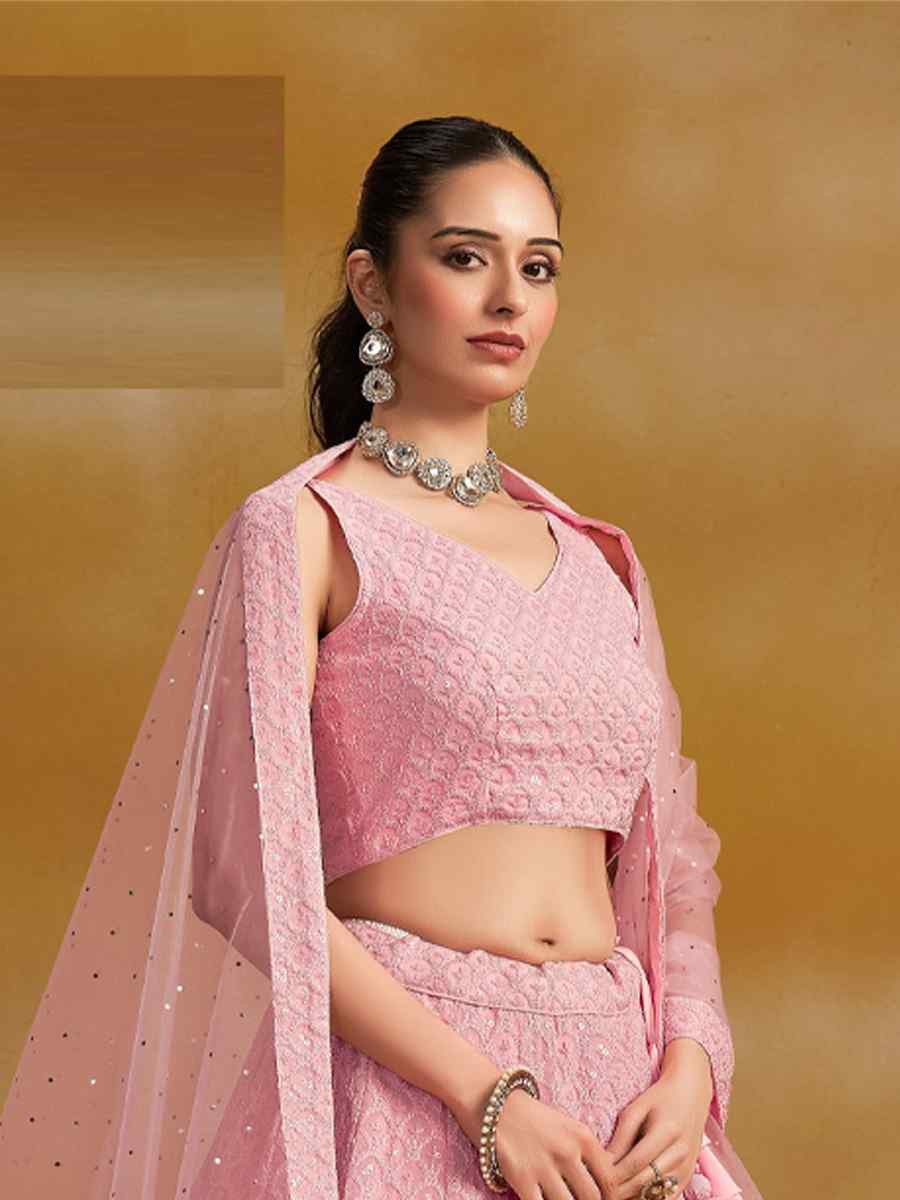 Pink Georgette Embroidered Reception Wedding Heavy Border Lehenga Choli
