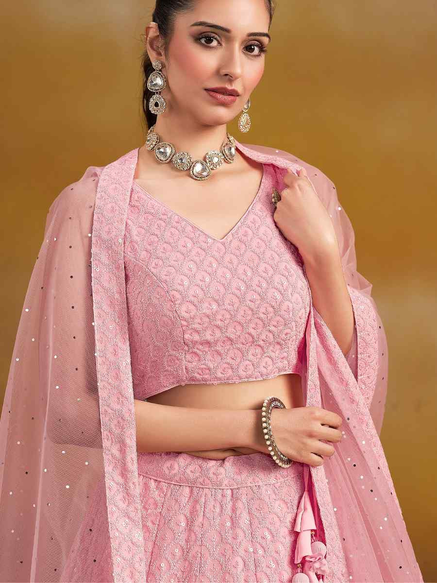Pink Georgette Embroidered Reception Wedding Heavy Border Lehenga Choli