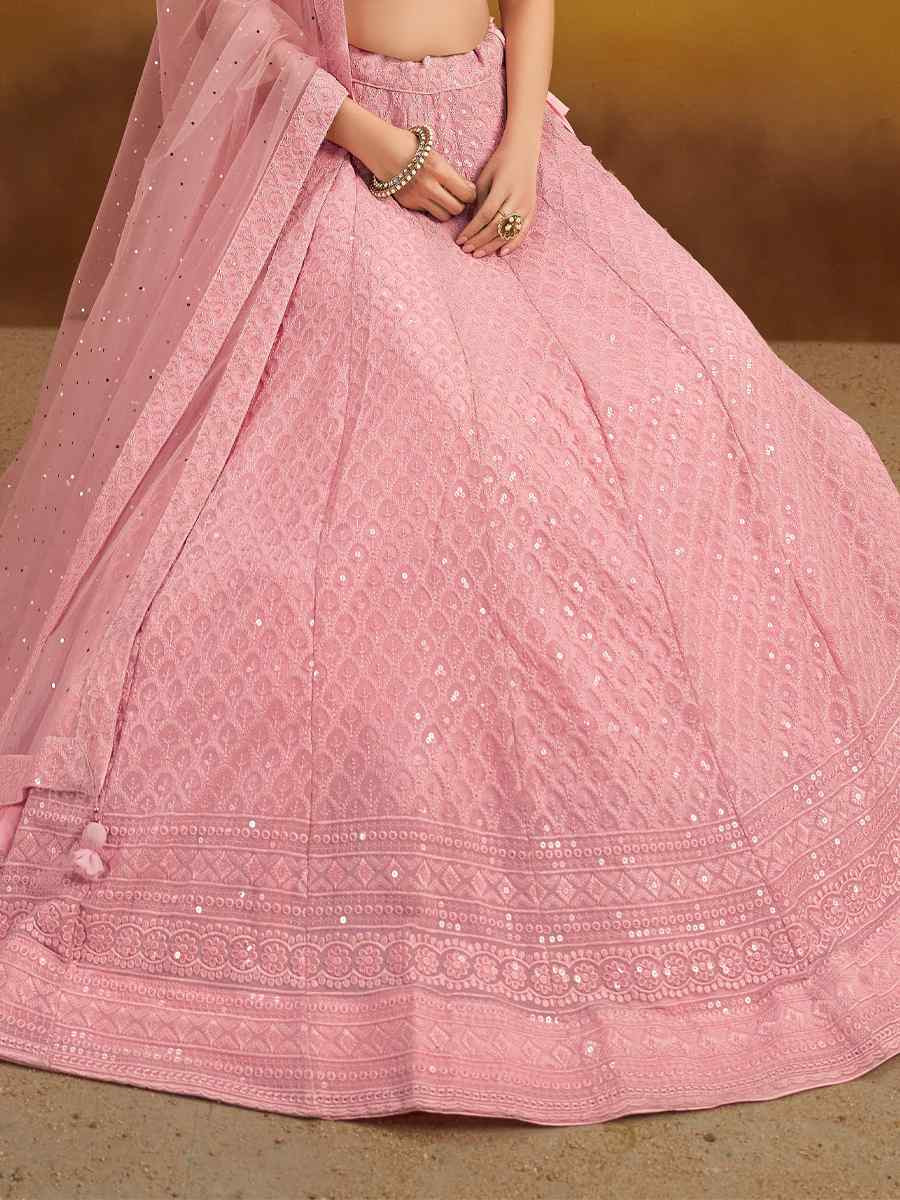 Pink Georgette Embroidered Reception Wedding Heavy Border Lehenga Choli