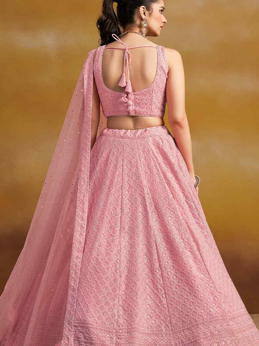 Pink Georgette Embroidered Reception Wedding Heavy Border Lehenga Choli