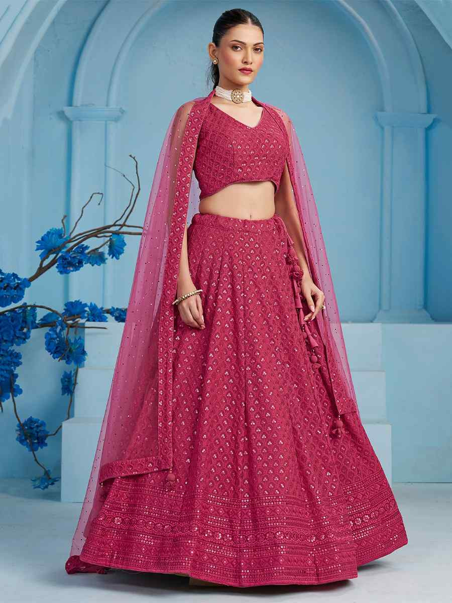 Pink Georgette Embroidered Reception Wedding Heavy Border Lehenga Choli