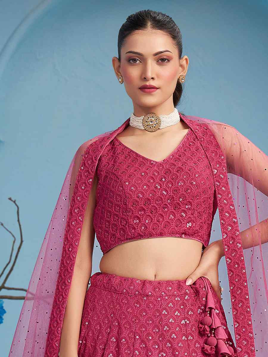 Pink Georgette Embroidered Reception Wedding Heavy Border Lehenga Choli