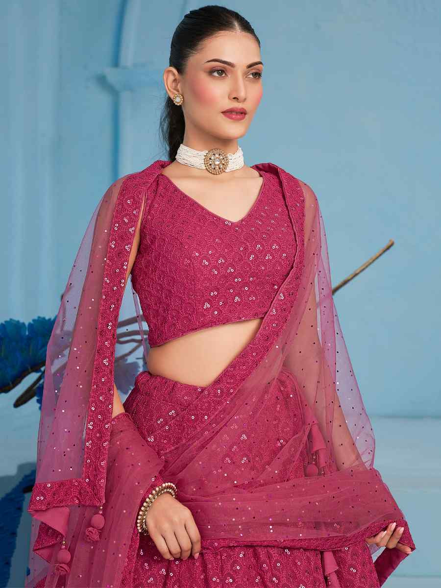 Pink Georgette Embroidered Reception Wedding Heavy Border Lehenga Choli