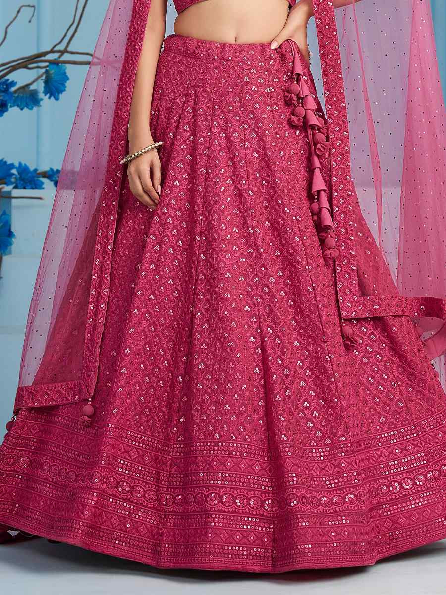 Pink Georgette Embroidered Reception Wedding Heavy Border Lehenga Choli