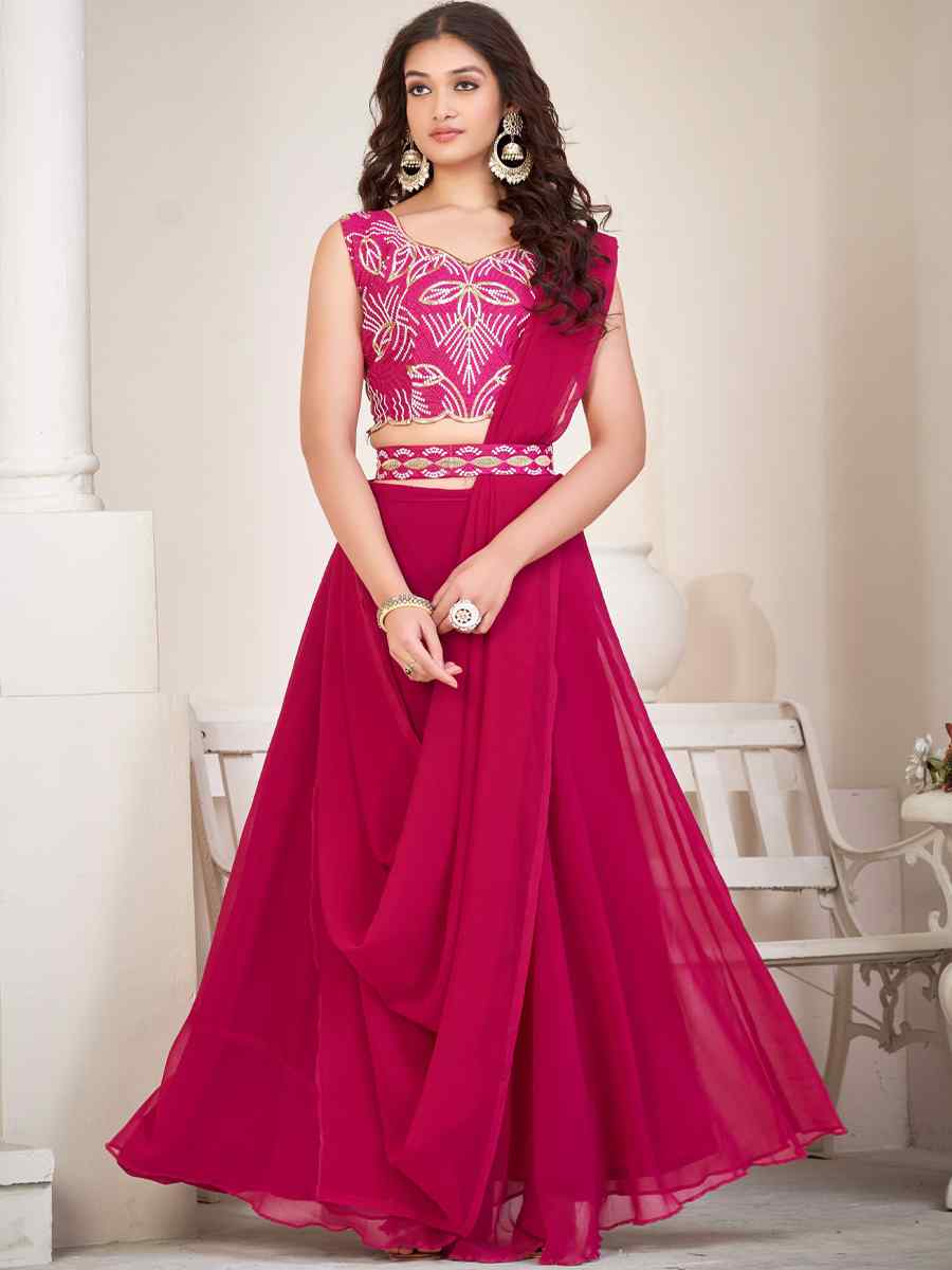 Pink Georgette Embroidered Reception Wedding Heavy Border Lehenga Choli