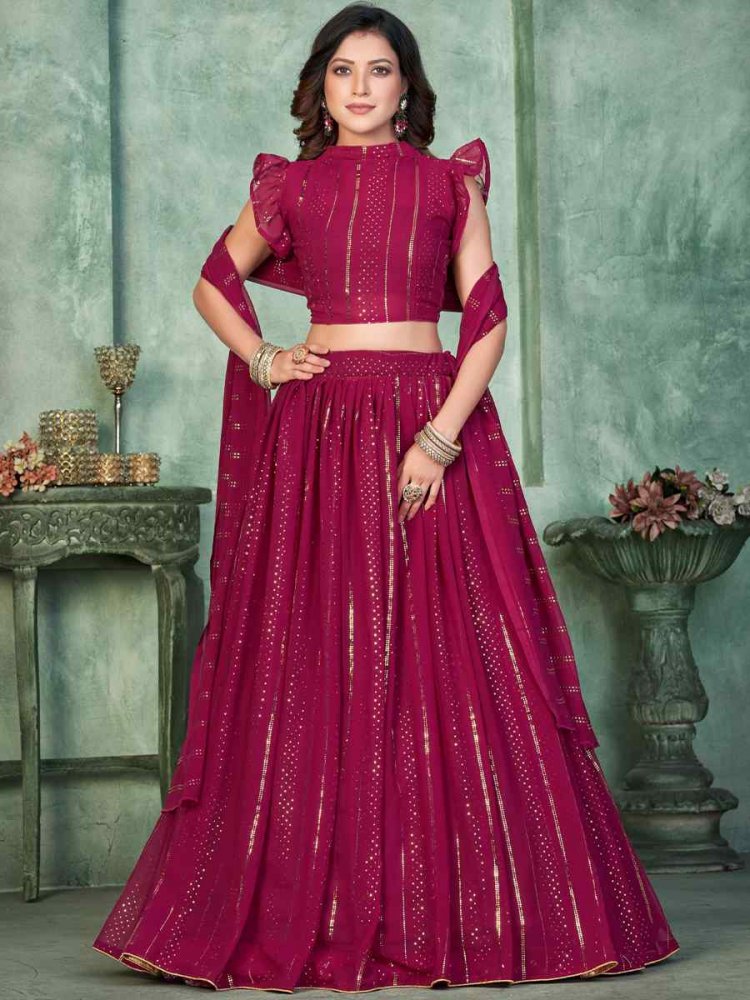 Pink Georgette Embroidered Reception Wedding Heavy Border Lehenga Choli