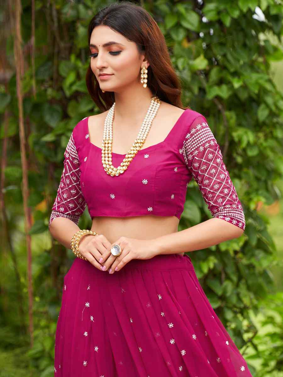 Pink Georgette Embroidered Reception Wedding Heavy Border Lehenga Choli