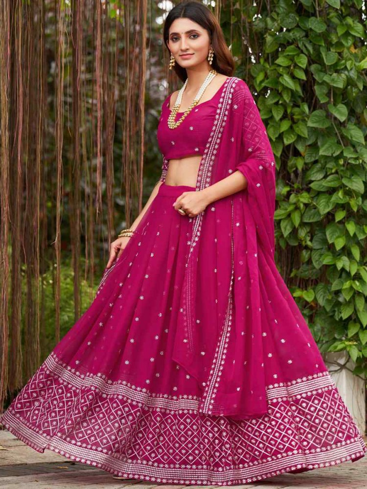 Pink Georgette Embroidered Reception Wedding Heavy Border Lehenga Choli