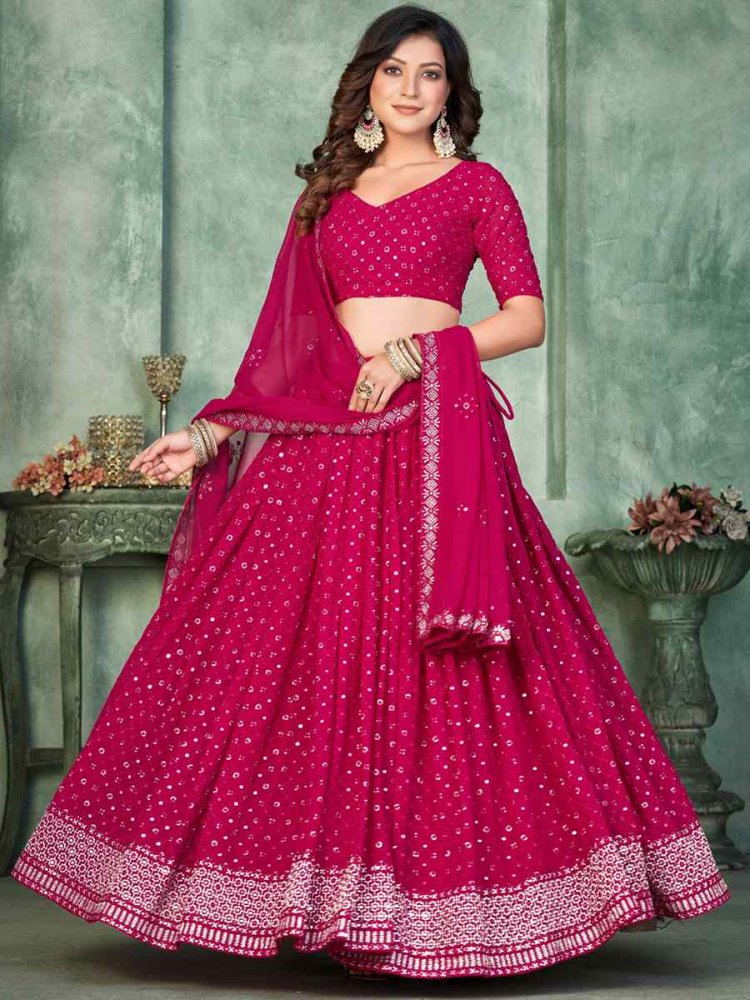 Pink Georgette Embroidered Reception Wedding Heavy Border Lehenga Choli