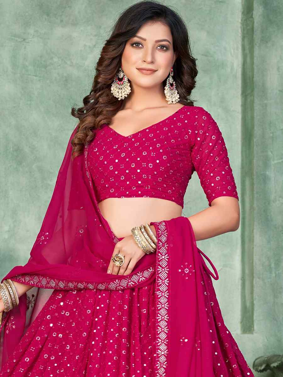 Pink Georgette Embroidered Reception Wedding Heavy Border Lehenga Choli